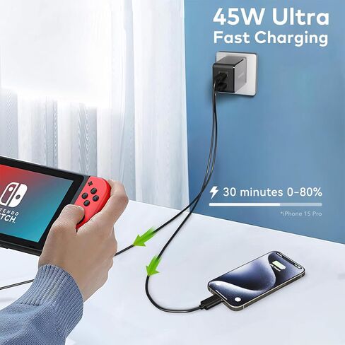 45W USB C Compact Charger, 2 Ports Wall Charger with PD 3.0 GaN III Power Adapter, Travel Charger with Foldable Plug for iPhone 15 Pro/14 Pro Max/13, iPad Pro, Galaxy S23 Ultra/S22 and More in Kuwait