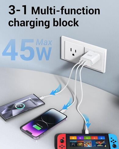 كتلة شاحن USB C بقدرة 65 وات، شاحن حائط 3 منافذ GaN قابل للطي من النوع C، شحن سريع لأجهزة MacBook Pro/Air، iPad Pro/Air، iPhone 15/15 Pro/15 Pro Max، لهاتف Samsung Galaxy S24/S23، أبيض in Kuwait