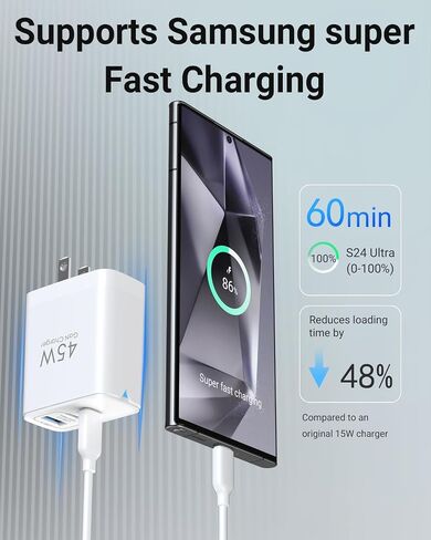 كتلة شاحن USB C بقدرة 65 وات، شاحن حائط 3 منافذ GaN قابل للطي من النوع C، شحن سريع لأجهزة MacBook Pro/Air، iPad Pro/Air، iPhone 15/15 Pro/15 Pro Max، لهاتف Samsung Galaxy S24/S23، أبيض in Kuwait