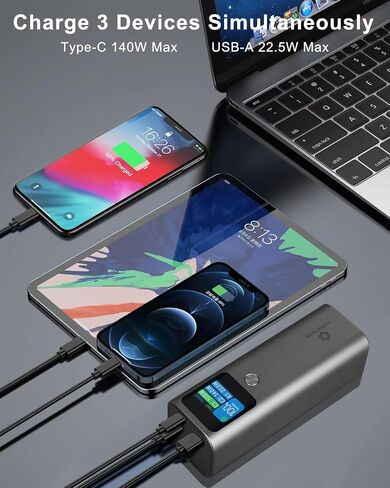 EnerGo 140 Power Bank 27600mAh|3-Port Portable Charger with 140W Output|140W USB-C Fast Charging|Smart Digital Display|Compatible with iPhone Series/iPad/Airpods/Macbook/Samsung/HP/Dell in Saudi Arabia