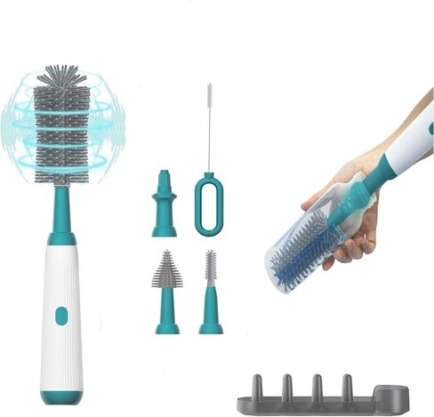 Electric Baby Bottle Brush Cleaner with Extended Handle & Drying Holder, Baby Bottle Brush Set with Silicone Bottle/Nipple/Crevice/Brush,Straw Cleaner,Lifesaver Automatic Bottle Cleaner,Green in Saudi Arabia
