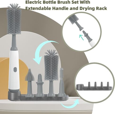 Electric Baby Bottle Brush Cleaner with Extended Handle & Drying Holder, Baby Bottle Brush Set with Silicone Bottle/Nipple/Crevice/Brush,Straw Cleaner,Lifesaver Automatic Bottle Cleaner,Green in Saudi Arabia