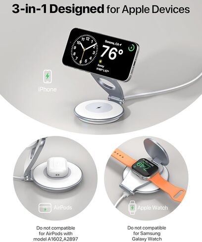 EXW Travel Charging Station for Magsafe Charger,Wireless Charging Station for Apple Multiple Devices,Magnetic Foldable Charger for iPhone 12-15 Series for Apple Watch & AirPods(30W Charger Included) in Kuwait