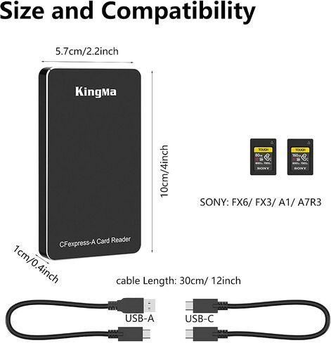 قارئ بطاقات USB CFexpress من النوع A، محول بطاقة مربع محمول بسرعة 10 جيجابت في الثانية متوافق مع Sony A1/ A7S3/ A7M4/ A7 IV اتصال بطاقة ذاكرة الكاميرا يدعم Android/Windows/Mac OS/Linux in Kuwait