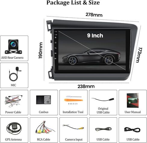 2G+32GAndroid 13 ستيريو سيارة لهوندا سيفيك 2012-2015 مع Apple Carplay Android Auto، راديو سيارة بشاشة لمس عالية الدقة 9 بوصة مع وصلة مرآة، واي فاي GPS، بلوتوث FM/RDS SWC+AHD كاميرا خلفية in Saudi Arabia