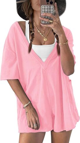 ReachMe Womens Summer Tshirt Romper Oversized Wide Leg Short Jumpsuits Reversible Shorts Onesies Casual Workout Outfits in Kuwait