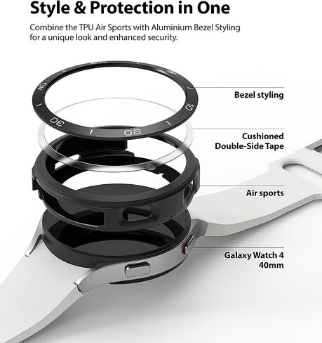 Ringke [Air Sports + Bezel Styling] Compatible with Samsung Galaxy Watch 4 40mm, Flexible Shockproof TPU Case with Adhesive Aluminum Frame Ring Cover - Black / 10 in Kuwait