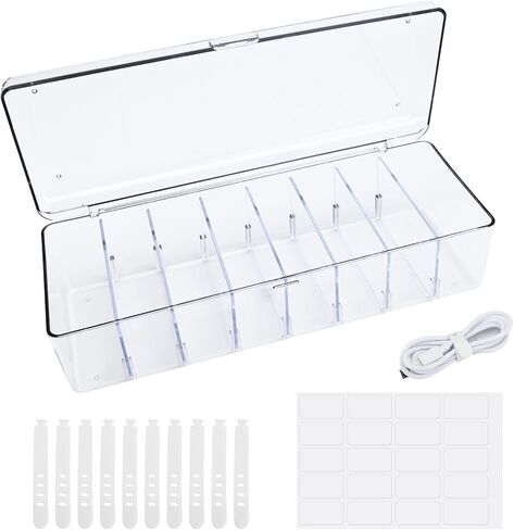 8 Grids Acrylic Cable Organizer Box Cable Management Box,Cable Tidy Box 20 Classified Stickers and 10 Cable Ties, Clear Power Cord Organizer with Removable Divider(Transparent) in Kuwait