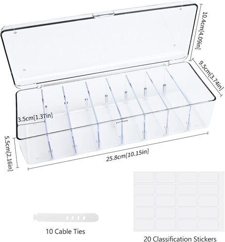 8 Grids Acrylic Cable Organizer Box Cable Management Box,Cable Tidy Box 20 Classified Stickers and 10 Cable Ties, Clear Power Cord Organizer with Removable Divider(Transparent) in Kuwait