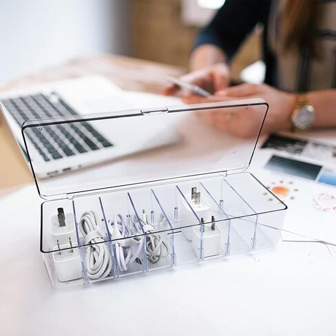 8 Grids Acrylic Cable Organizer Box Cable Management Box,Cable Tidy Box 20 Classified Stickers and 10 Cable Ties, Clear Power Cord Organizer with Removable Divider(Transparent) in Kuwait