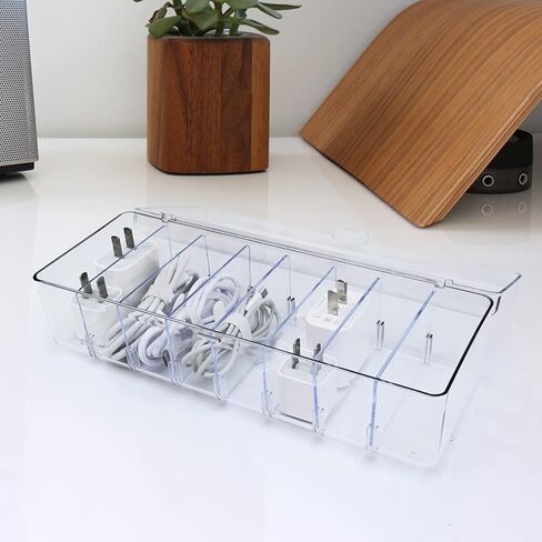 8 Grids Acrylic Cable Organizer Box Cable Management Box,Cable Tidy Box 20 Classified Stickers and 10 Cable Ties, Clear Power Cord Organizer with Removable Divider(Transparent) in Kuwait
