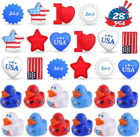 NPET الرابع من يوليو البط المطاطي Squishies Mochi 28pcs، أحمر أبيض أزرق حمام اللعب يوم الاستقلال البط المطاطي الوطني، الرابع من يوليو الزينة الولايات المتحدة الأمريكية العلم / القلب / النجوم شكل حزب صالح للبنين الفتيات in Kuwait