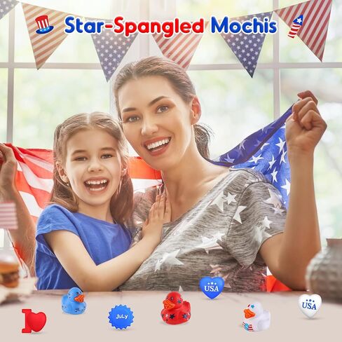 NPET الرابع من يوليو البط المطاطي Squishies Mochi 28pcs، أحمر أبيض أزرق حمام اللعب يوم الاستقلال البط المطاطي الوطني، الرابع من يوليو الزينة الولايات المتحدة الأمريكية العلم / القلب / النجوم شكل حزب صالح للبنين الفتيات in Kuwait