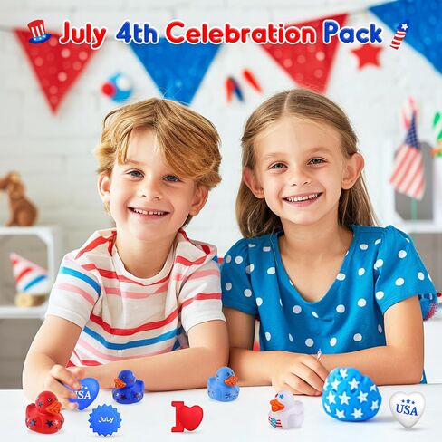 NPET الرابع من يوليو البط المطاطي Squishies Mochi 28pcs، أحمر أبيض أزرق حمام اللعب يوم الاستقلال البط المطاطي الوطني، الرابع من يوليو الزينة الولايات المتحدة الأمريكية العلم / القلب / النجوم شكل حزب صالح للبنين الفتيات in Kuwait
