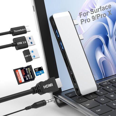 قاعدة تركيب Surface Pro 9 Hub، ملحقات Surface Pro 9 مع 4K HDMI، Thunderbolt 4 (شاشة 8K + بيانات 40 جيجابت في الثانية + 100WPD)، 2 USB 3.0، فتحة بطاقة SD/TF، ​​صوت 3.5 ملم لجهاز Microsoft Surface Pro 9/X in Kuwait