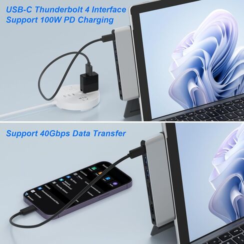 قاعدة تركيب Surface Pro 9 Hub، ملحقات Surface Pro 9 مع 4K HDMI، Thunderbolt 4 (شاشة 8K + بيانات 40 جيجابت في الثانية + 100WPD)، 2 USB 3.0، فتحة بطاقة SD/TF، ​​صوت 3.5 ملم لجهاز Microsoft Surface Pro 9/X in Kuwait