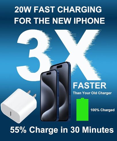 شاحن iPhone 15 بقدرة 20 وات USB C لهاتف iPhone 15/15 Plus/Pro Max، وiPad Pro 12.9/11 بوصة، وiPad Air 5th/4th، وiPad 10th، وعبوتين شاحن سريع PD مع كابل USB C إلى C بطول 6.6أقدام in Kuwait