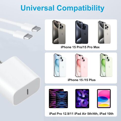 شاحن iPhone 15 بقدرة 20 وات USB C لهاتف iPhone 15/15 Plus/Pro Max، وiPad Pro 12.9/11 بوصة، وiPad Air 5th/4th، وiPad 10th، وعبوتين شاحن سريع PD مع كابل USB C إلى C بطول 6.6أقدام in Kuwait