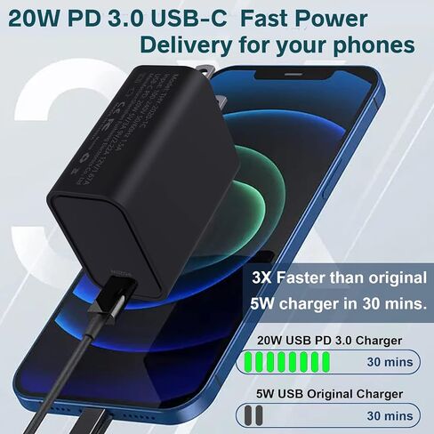 شاحن USB C بلوك 20 وات شاحن حائط PD3.0 USB-C محول طاقة نوع C شاحن سريع لهاتف iPhone 14/13/12/11/Pro Max، XS،XR،X، iPad Pro، AirPods، لهاتف Samsung Galaxy، Google Pixel- لا يتضمن الكابل in Saudi Arabia