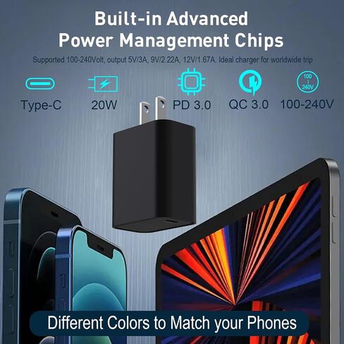 شاحن USB C بلوك 20 وات شاحن حائط PD3.0 USB-C محول طاقة نوع C شاحن سريع لهاتف iPhone 14/13/12/11/Pro Max، XS،XR،X، iPad Pro، AirPods، لهاتف Samsung Galaxy، Google Pixel- لا يتضمن الكابل in Saudi Arabia