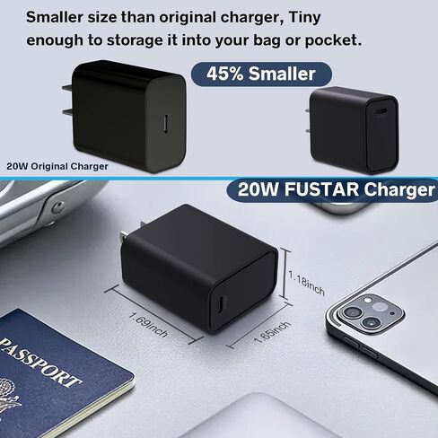 شاحن USB C بلوك 20 وات شاحن حائط PD3.0 USB-C محول طاقة نوع C شاحن سريع لهاتف iPhone 14/13/12/11/Pro Max، XS،XR،X، iPad Pro، AirPods، لهاتف Samsung Galaxy، Google Pixel- لا يتضمن الكابل in Saudi Arabia