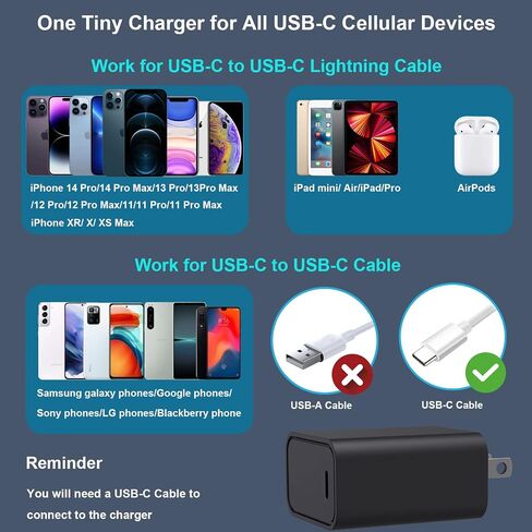 شاحن USB C بلوك 20 وات شاحن حائط PD3.0 USB-C محول طاقة نوع C شاحن سريع لهاتف iPhone 14/13/12/11/Pro Max، XS،XR،X، iPad Pro، AirPods، لهاتف Samsung Galaxy، Google Pixel- لا يتضمن الكابل in Saudi Arabia