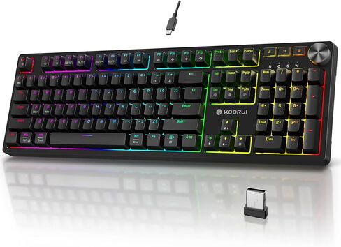 لوحات مفاتيح الألعاب اللاسلكية KOORUI، لوحة مفاتيح ميكانيكية كاملة الحجم بإضاءة خلفية 26 RGB، تدعم اتصال USB-C/2.4G/بلوتوث، 104 مفاتيح قابلة لإعادة الشحن ببطارية 1900 مللي أمبير في الساعة لنظام التشغيل Windows MacOS Linux in Kuwait