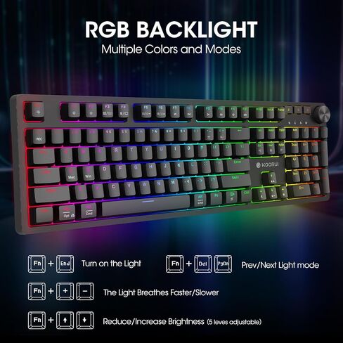 لوحات مفاتيح الألعاب اللاسلكية KOORUI، لوحة مفاتيح ميكانيكية كاملة الحجم بإضاءة خلفية 26 RGB، تدعم اتصال USB-C/2.4G/بلوتوث، 104 مفاتيح قابلة لإعادة الشحن ببطارية 1900 مللي أمبير في الساعة لنظام التشغيل Windows MacOS Linux in Kuwait