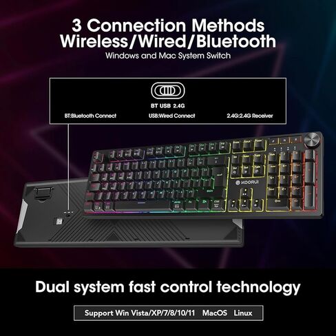 لوحات مفاتيح الألعاب اللاسلكية KOORUI، لوحة مفاتيح ميكانيكية كاملة الحجم بإضاءة خلفية 26 RGB، تدعم اتصال USB-C/2.4G/بلوتوث، 104 مفاتيح قابلة لإعادة الشحن ببطارية 1900 مللي أمبير في الساعة لنظام التشغيل Windows MacOS Linux in Kuwait