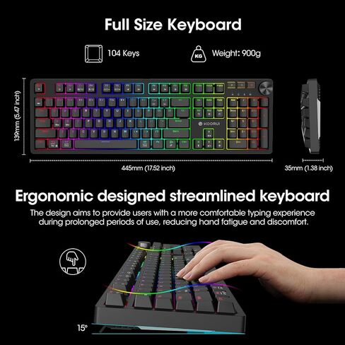 لوحات مفاتيح الألعاب اللاسلكية KOORUI، لوحة مفاتيح ميكانيكية كاملة الحجم بإضاءة خلفية 26 RGB، تدعم اتصال USB-C/2.4G/بلوتوث، 104 مفاتيح قابلة لإعادة الشحن ببطارية 1900 مللي أمبير في الساعة لنظام التشغيل Windows MacOS Linux in Kuwait