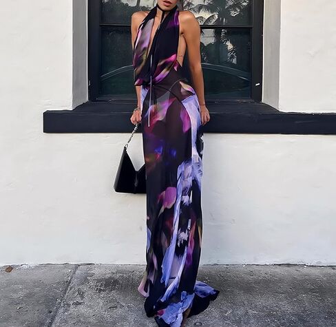 فساتين ماكسي بحزام سباغيتي بدون ظهر للنساء من XPONNI، فستان ضيق من الساتان الأرجواني Y2k، فستان مثير للحفلات الصيفية in Kuwait