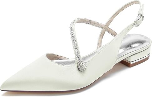 Women's Pointed Toe Beaded Satin Wedding Flats for Bride Comfortable White Bridal Shoes with Ankle Strap Prom Party Shoes Pumps in Saudi Arabia