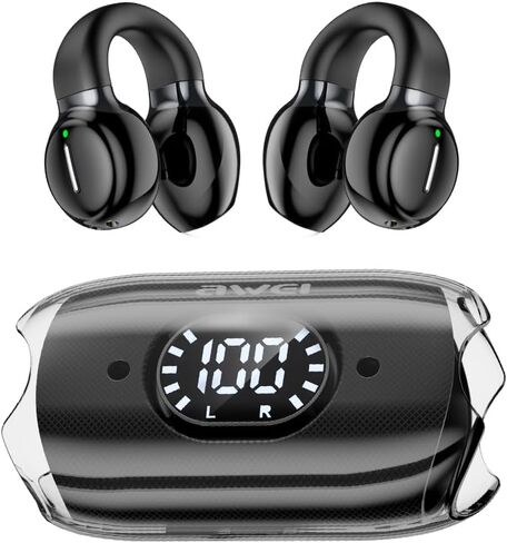 TZ7 Open Ear Clip Headphones, Wireless Bluetooth 5.3 Headphones Air Conduction, Sports Earphones with Built-in Mic, LED Display Charging Case for Sport & Running, Android&iPhone - Black in Saudi Arabia