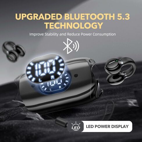TZ7 Open Ear Clip Headphones, Wireless Bluetooth 5.3 Headphones Air Conduction, Sports Earphones with Built-in Mic, LED Display Charging Case for Sport & Running, Android&iPhone - Black in Saudi Arabia