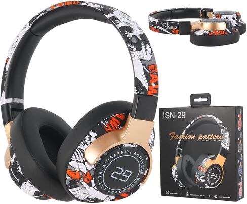 Bluetooth Headphones Over The Ear, Graffiti Wired/Wireless Headphones with Microphone-Soft Ear Cushions, Foldable Hi-Fi Stereo Sound Bluetooth Headsets for Pad Laptop PC Cellphone (Black) in Saudi Arabia