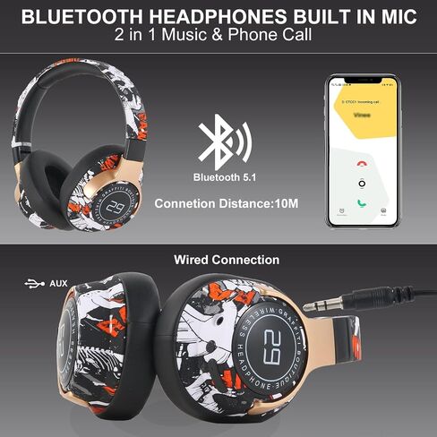 Bluetooth Headphones Over The Ear, Graffiti Wired/Wireless Headphones with Microphone-Soft Ear Cushions, Foldable Hi-Fi Stereo Sound Bluetooth Headsets for Pad Laptop PC Cellphone (Black) in Saudi Arabia
