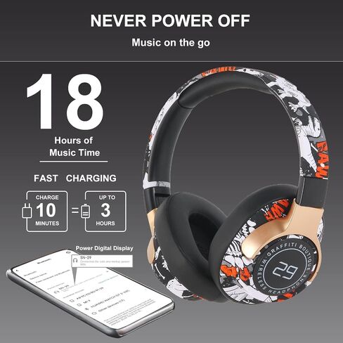 Bluetooth Headphones Over The Ear, Graffiti Wired/Wireless Headphones with Microphone-Soft Ear Cushions, Foldable Hi-Fi Stereo Sound Bluetooth Headsets for Pad Laptop PC Cellphone (Black) in Saudi Arabia