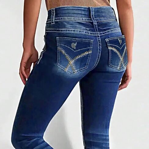 بنطال جينز نسائي ضيق قابل للتمدد متوسط ​​الخصر بقصة ضيقة عند الكاحل ومطرز عصري من قماش الدنيم مع جيب in Kuwait