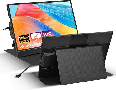 شاشة محمولة لأجهزة الكمبيوتر المحمول، 14 بوصة 1080 بكسل FHD IPS USB C موسع الشاشة الثانية، شاشة السفر مع مكبرات صوت USB A الذكية للكمبيوتر المحمول in Kuwait
