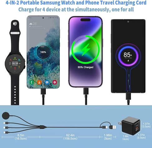 كابل شاحن ساعة سريع 4 في 2 USB C لشاحن ساعة سامسونج جالاكسي، قاعدة شحن محمولة لساعة سامسونج جالاكسي 5/5 برو/4/4 كلاسيك/3/أكتيف 2/أكتيف، جالاكسي S23/S22/S20 Galaxy Buds iOS 6FT in Kuwait