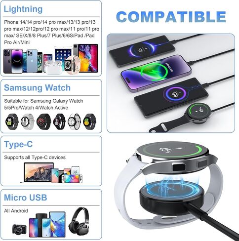 كابل شاحن ساعة سريع 4 في 2 USB C لشاحن ساعة سامسونج جالاكسي، قاعدة شحن محمولة لساعة سامسونج جالاكسي 5/5 برو/4/4 كلاسيك/3/أكتيف 2/أكتيف، جالاكسي S23/S22/S20 Galaxy Buds iOS 6FT in Kuwait