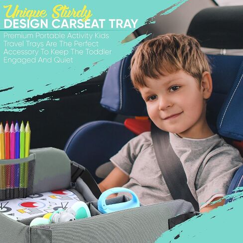 Kids Travel Tray - Car Seat Tray Table as Road Trip Essentials – Children Kids Lap Desk as Travel Accessories for Toddler Airplane Travel Activity, Snack with Storage Pockets & Dry Erase Board Blue in Saudi Arabia