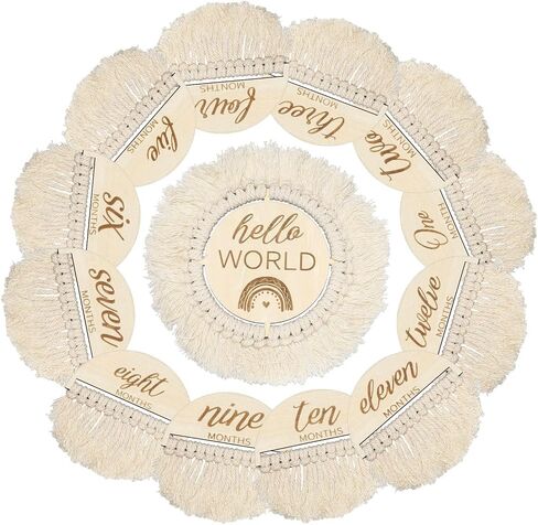 Whaline 13Pcs Baby Monthly Milestone Cards with Tassel Wooden Boho Baby Macrame Milestone Discs Newborn to 1 Year Hello World Baby Birth Announcement Sign for Baby Shower Photo Props in Saudi Arabia