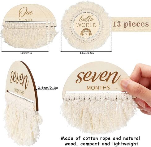 Whaline 13Pcs Baby Monthly Milestone Cards with Tassel Wooden Boho Baby Macrame Milestone Discs Newborn to 1 Year Hello World Baby Birth Announcement Sign for Baby Shower Photo Props in Saudi Arabia