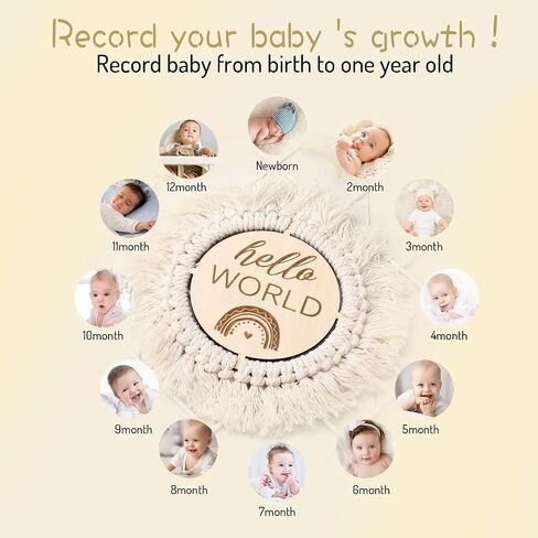Whaline 13Pcs Baby Monthly Milestone Cards with Tassel Wooden Boho Baby Macrame Milestone Discs Newborn to 1 Year Hello World Baby Birth Announcement Sign for Baby Shower Photo Props in Saudi Arabia