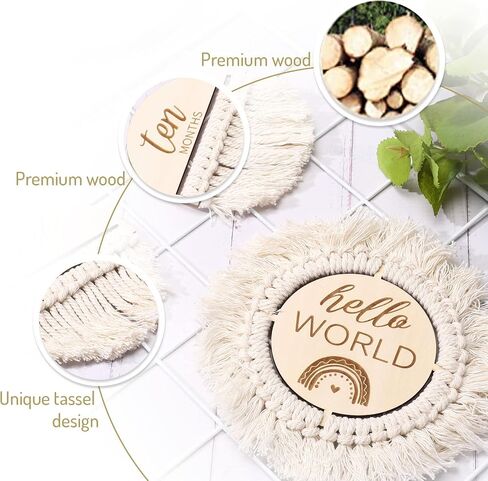 Whaline 13Pcs Baby Monthly Milestone Cards with Tassel Wooden Boho Baby Macrame Milestone Discs Newborn to 1 Year Hello World Baby Birth Announcement Sign for Baby Shower Photo Props in Saudi Arabia