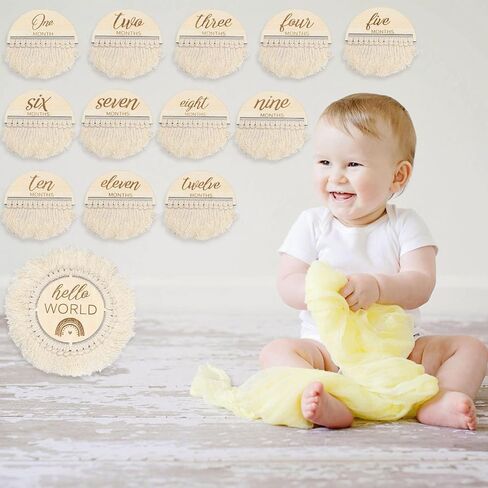 Whaline 13Pcs Baby Monthly Milestone Cards with Tassel Wooden Boho Baby Macrame Milestone Discs Newborn to 1 Year Hello World Baby Birth Announcement Sign for Baby Shower Photo Props in Saudi Arabia