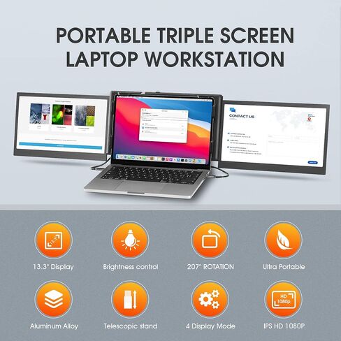 شاشة P2 PRO ثلاثية محمولة لموسع شاشة الكمبيوتر المحمول شاشة مزدوجة 13.3 بوصة FHD 1080P IPS عرض Type-C/PD/TF تدعم M1/M2 MacBook، لأجهزة الكمبيوتر المحمول 13.3 بوصة - 16.5 بوصة Mac Windows Phone in Kuwait
