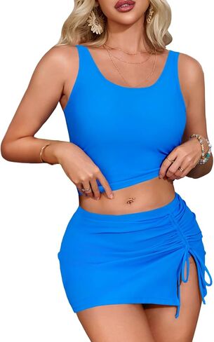 Saodimallsu Women Tummy Control Two Piece Tankini Swimsuit Swimdress Vintage Drawstring Ruched Modest Skort Bathing Suit in Saudi Arabia
