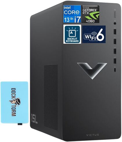 كمبيوتر سطح المكتب HP Victus Gaming (16-Core Intel i7-13700F، GeForce RTX 4060 8GB، 64GB DDR4، 4TB PCIe SSD، لكل مفتاح RGB Backlit KB، WiFi 6، Bluetooth 5.3، Win11P) مع موسع منفذ USB DKZ in Kuwait